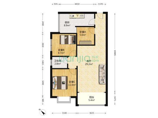 新天荟 3室1厅1卫 93平方