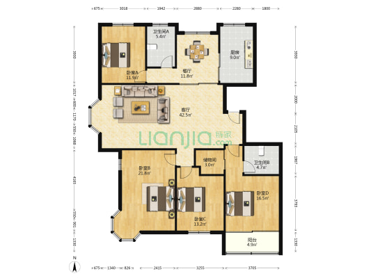 萧山时代广场 4室2厅2卫 185平方