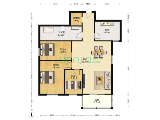 宏城名座 3室1厅1卫 136平方