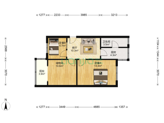 府青路二段4号 2室1厅1卫 64平方