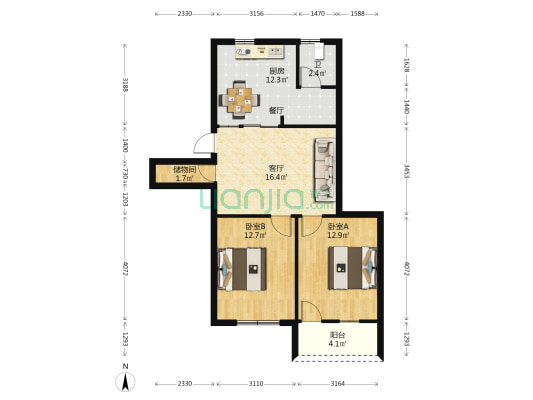 兴业银行马江大厦 2室1厅1卫 80平方