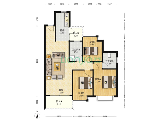 恒大御景湾 3室1厅2卫 120平方