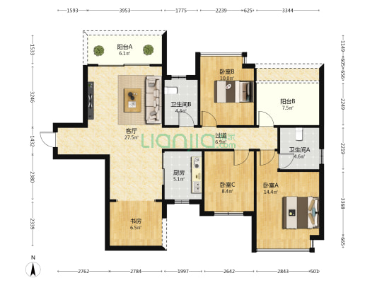 南海幸福汇三期 4室1厅2卫 117平方