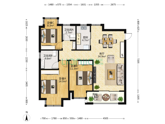 弘阳昕悦棠 3室1厅2卫 116平方