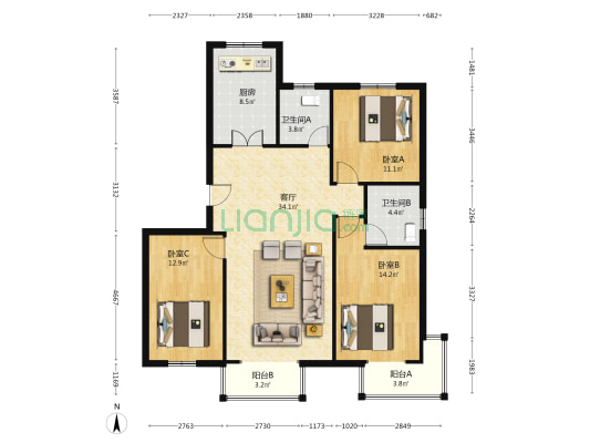 祥融嘉园E区 3室1厅2卫 127平方