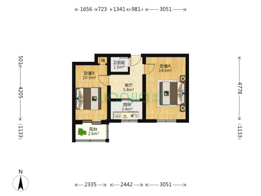 南营房 2室1厅1卫 49平方