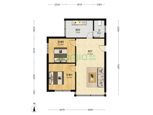 直港大道 2室1厅1卫 74平方