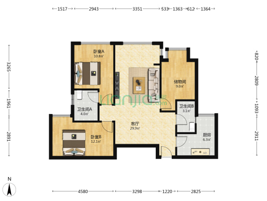 新景璟誉府 2室1厅2卫 96平方