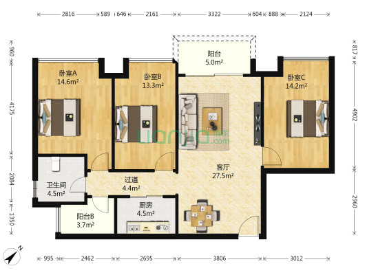 元邦明月水岸 3室1厅1卫 113平方