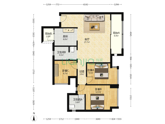 保利和光尘樾四期 3室1厅2卫 97平方