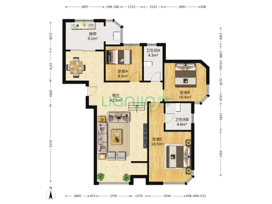 华夏奥韵 3室1厅2卫 128平方