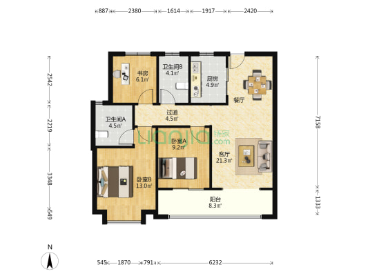 誉澜颂 3室1厅2卫 105平方