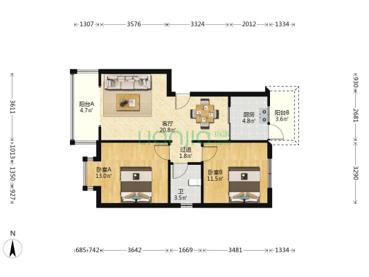 物华南苑B区 2室1厅1卫 75平方