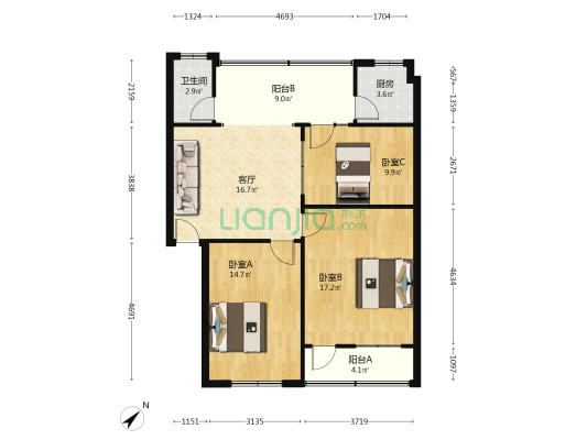 和兴街3号 3室1厅1卫 86平方
