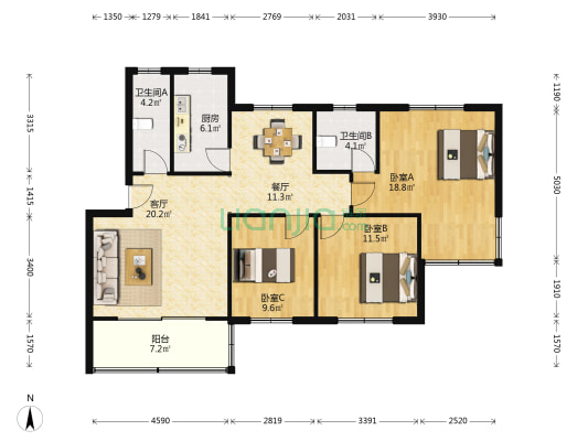 海枫公寓 3室2厅2卫 106平方
