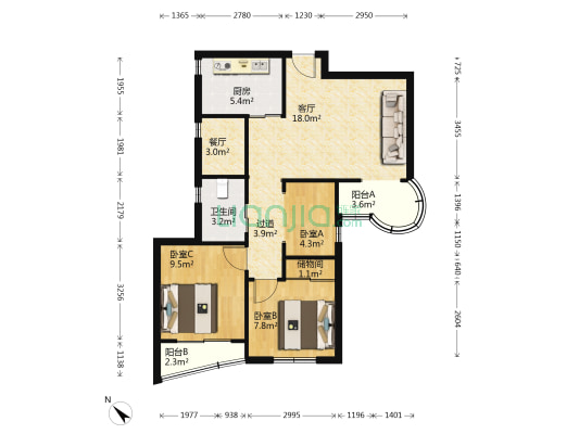 国际公寓 3室2厅1卫 89平方
