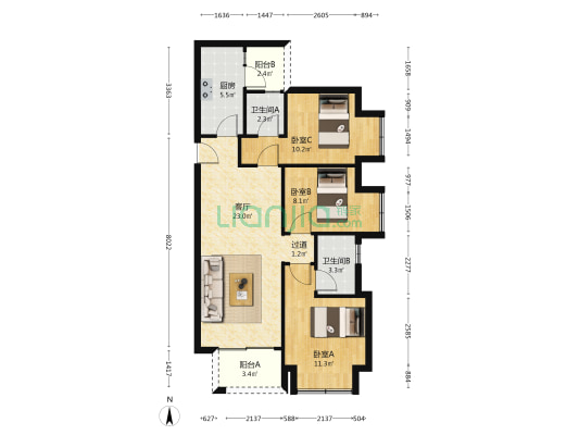 凤鸣水岸A区 3室1厅2卫 89平方