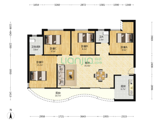 万汇中心 4室1厅2卫 105平方