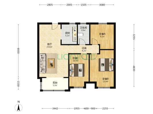 公园道一号 3室1厅1卫 105平方