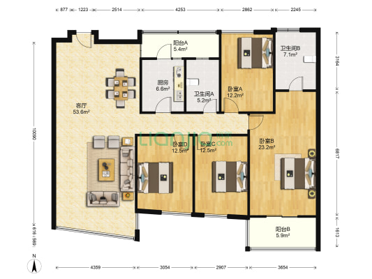 吉田国际广场 4室1厅2卫 182平方