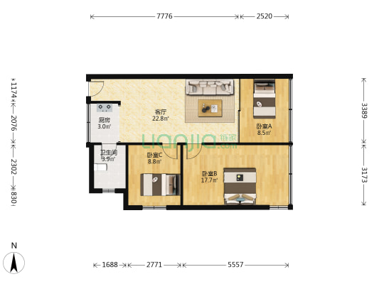 宝山北路296号 3室1厅1卫 72平方