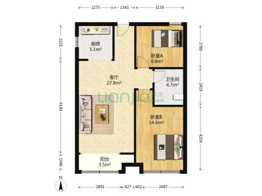 康嘉景园 2室1厅1卫 88平方