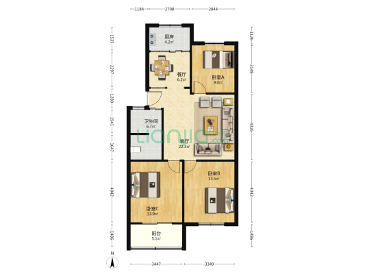 红叶小区 3室2厅1卫 96平方