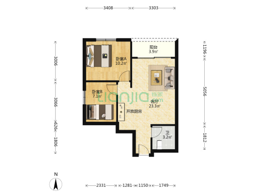 金锠花园 2室1厅1卫 64平方
