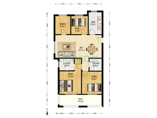 梦享城 3室1厅2卫 89平方