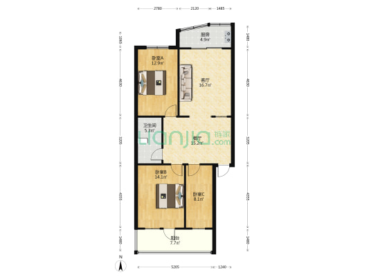 万达花园 3室2厅1卫 120平方
