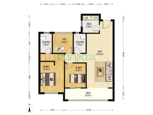 吾悦广场璟悦府 3室1厅2卫 104平方