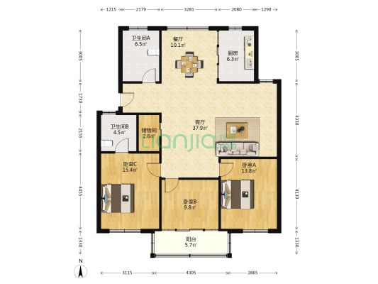 越兴家园 3室2厅2卫 134平方