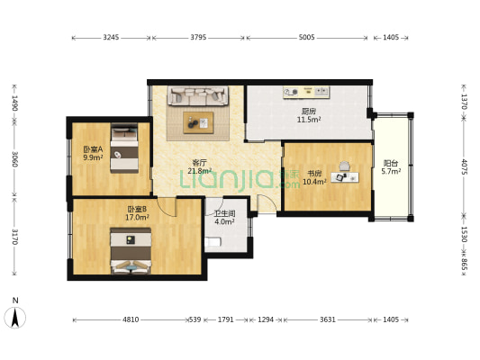 万松花园 3室1厅1卫 100平方
