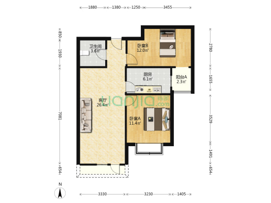 全阳两居，户型方正，中低楼层，花园小区，拎包入住-户型图