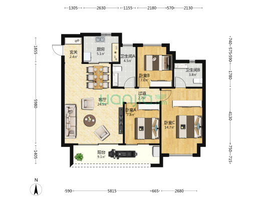 大华公园荟 3室1厅2卫 106平方