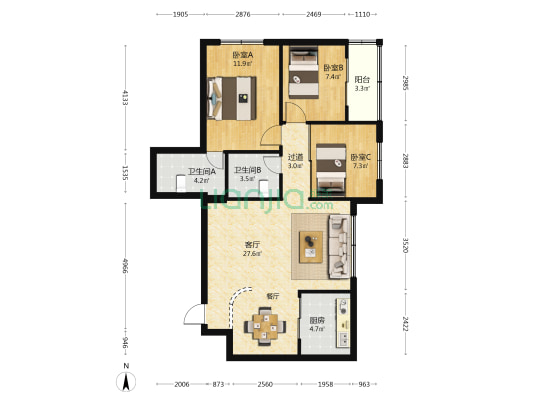 富丽华花园 3室1厅2卫 91平方