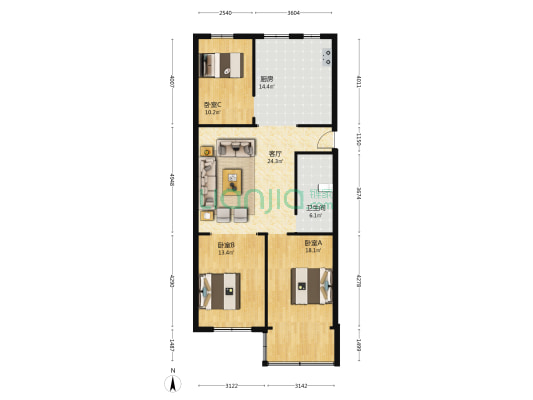 长风公寓 3室1厅1卫 116平方