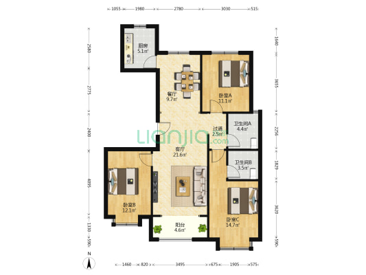 瑞祥花园 3室2厅2卫 122平方