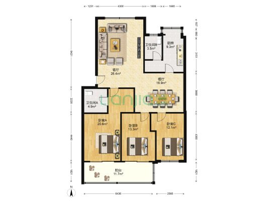 园丁小区 3室2厅2卫 140平方