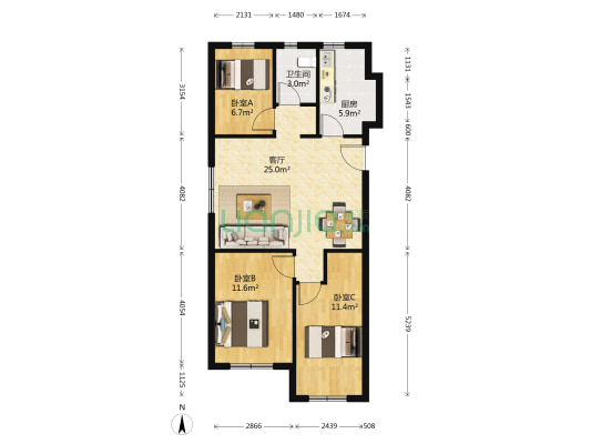 健成水漾花城 3室1厅1卫 95平方