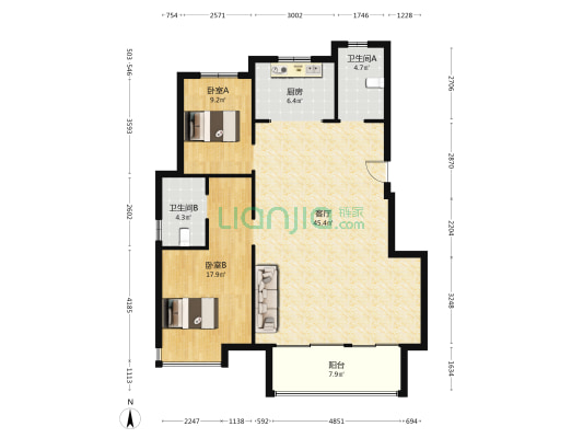 空港城2号地 2室1厅2卫 118平方