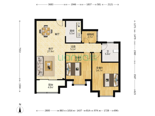 大明公寓 2室1厅1卫 96平方