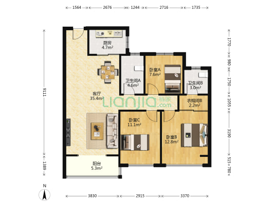 昆仑御一区 3室1厅2卫 117平方