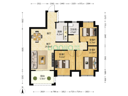 青花九龙 3室1厅1卫 85平方