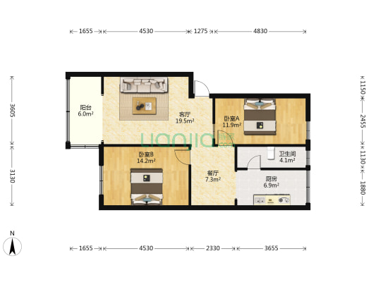 海关滨海宿舍 2室2厅1卫 74平方