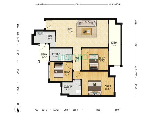 鑫苑城锦苑 3室1厅2卫 108平方