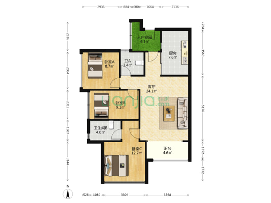 凯德中新里 3室1厅2卫 97平方