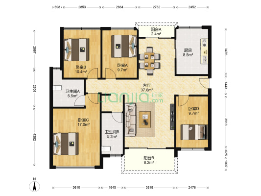 华盛观荟名庭 4室1厅2卫 118平方