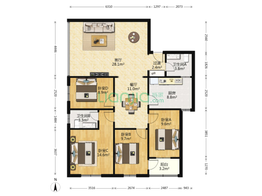 中怡花园 4室2厅2卫 122平方