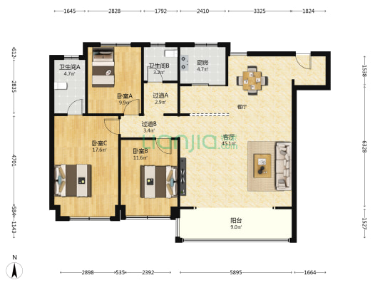 万科翡翠书院北区 3室1厅2卫 147平方